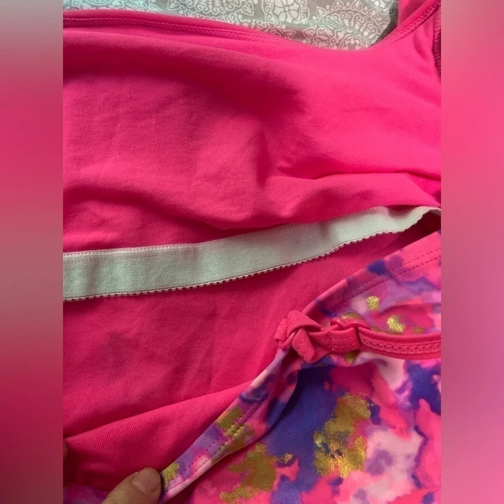 justice Sz 12 Plus Girls One Piece Bathing Suit Pink Purple Gold Swim Wear  GUC